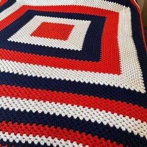 Vintage Handmade Crochet Afghan Red White Blue 80x80 Throw